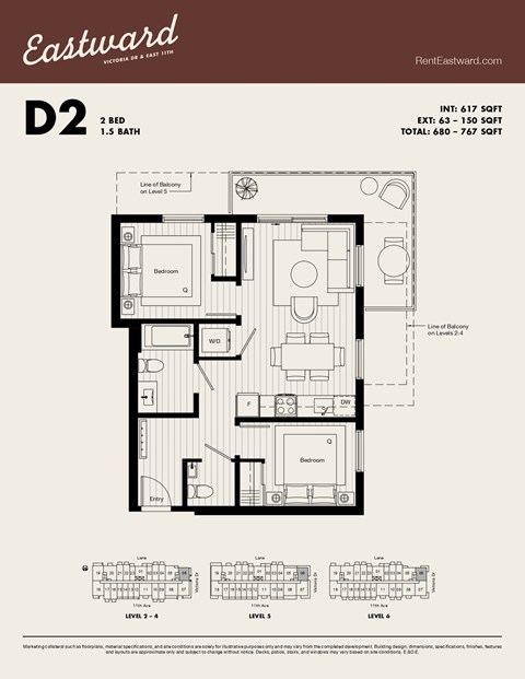 Floor plan for 2 beds, 1.5 baths, 617 sqft
